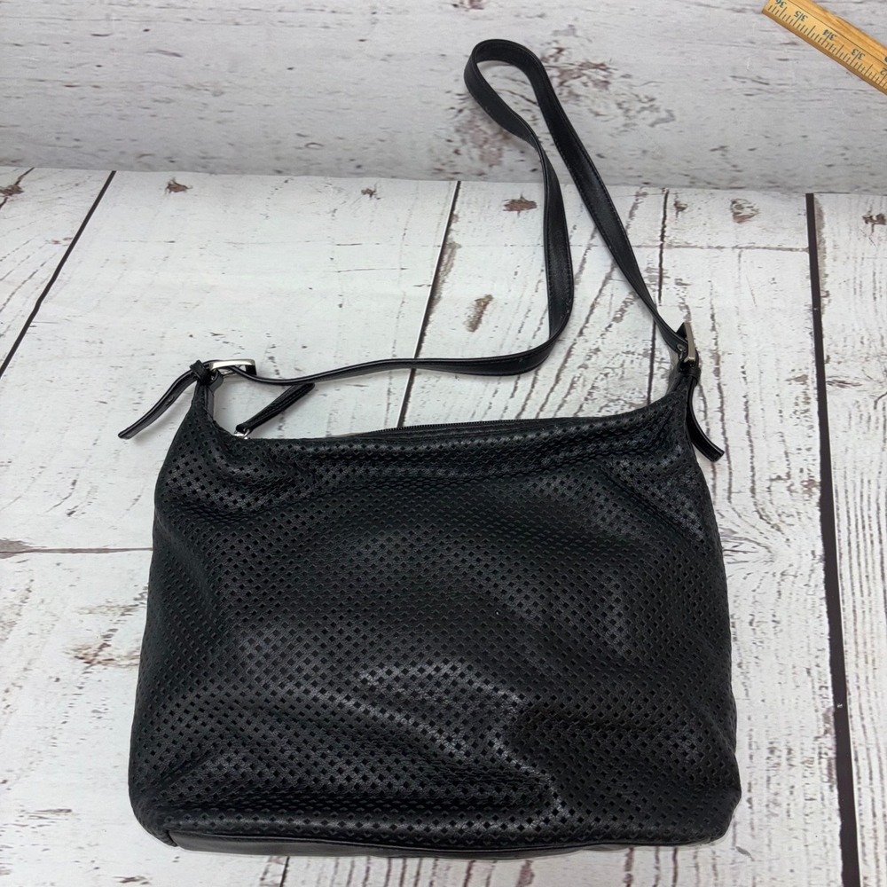 Vintage Stone Mountain Black Perforated Leather Crossbody Bag Adjustable Strap
